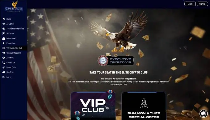 Grand Eagle Casino VIP page featuring offers and navigation menu.