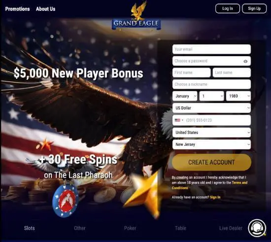 Grand Eagle Casino homepage showing how to sign up