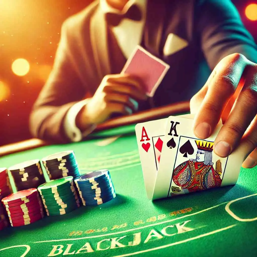 Blackjack game with a winning hand (Ace of Spades and King of Hearts), poker chips, and a casino table setting.