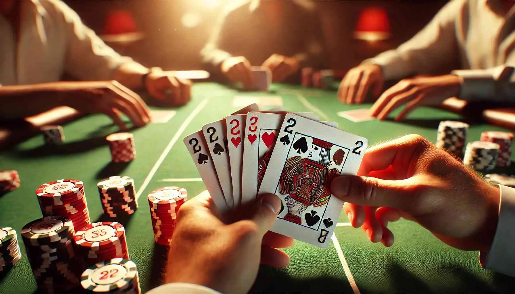 Close-up of a poker game with cards and chips on a green felt table in a casino setting.