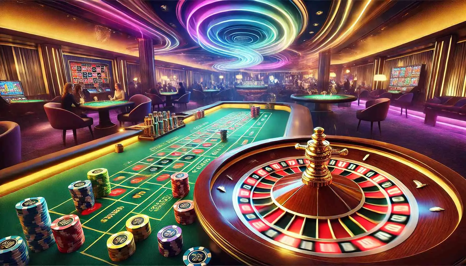 Modern casino setting featuring a detailed roulette table with a spinning wheel, colorful chips, and ambient lighting creating a vibrant atmosphere.