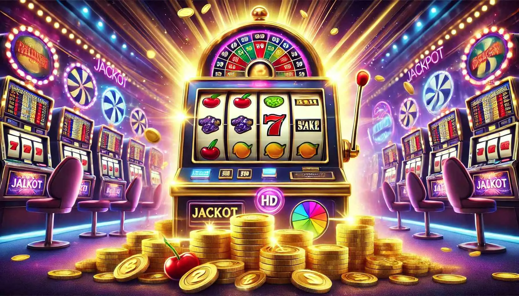 Vivid illustration of a glowing slot machine surrounded by stacks of gold coins, spinning reels, and bright casino lights in a lively gaming environment.