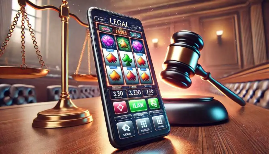 Smartphone with legal-themed slot machine app beside a gavel and scales of justice in a courtroom.