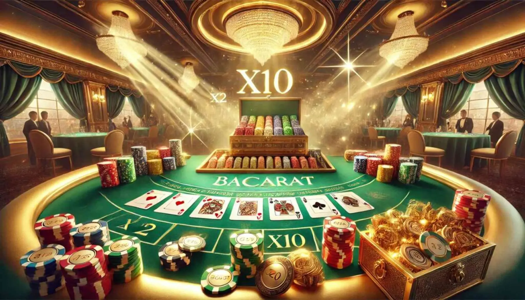 Luxurious Baccarat table with green felt, golden chips, and a treasure chest filled with coins, surrounded by glowing multipliers and elegant chandeliers in a refined casino setting.