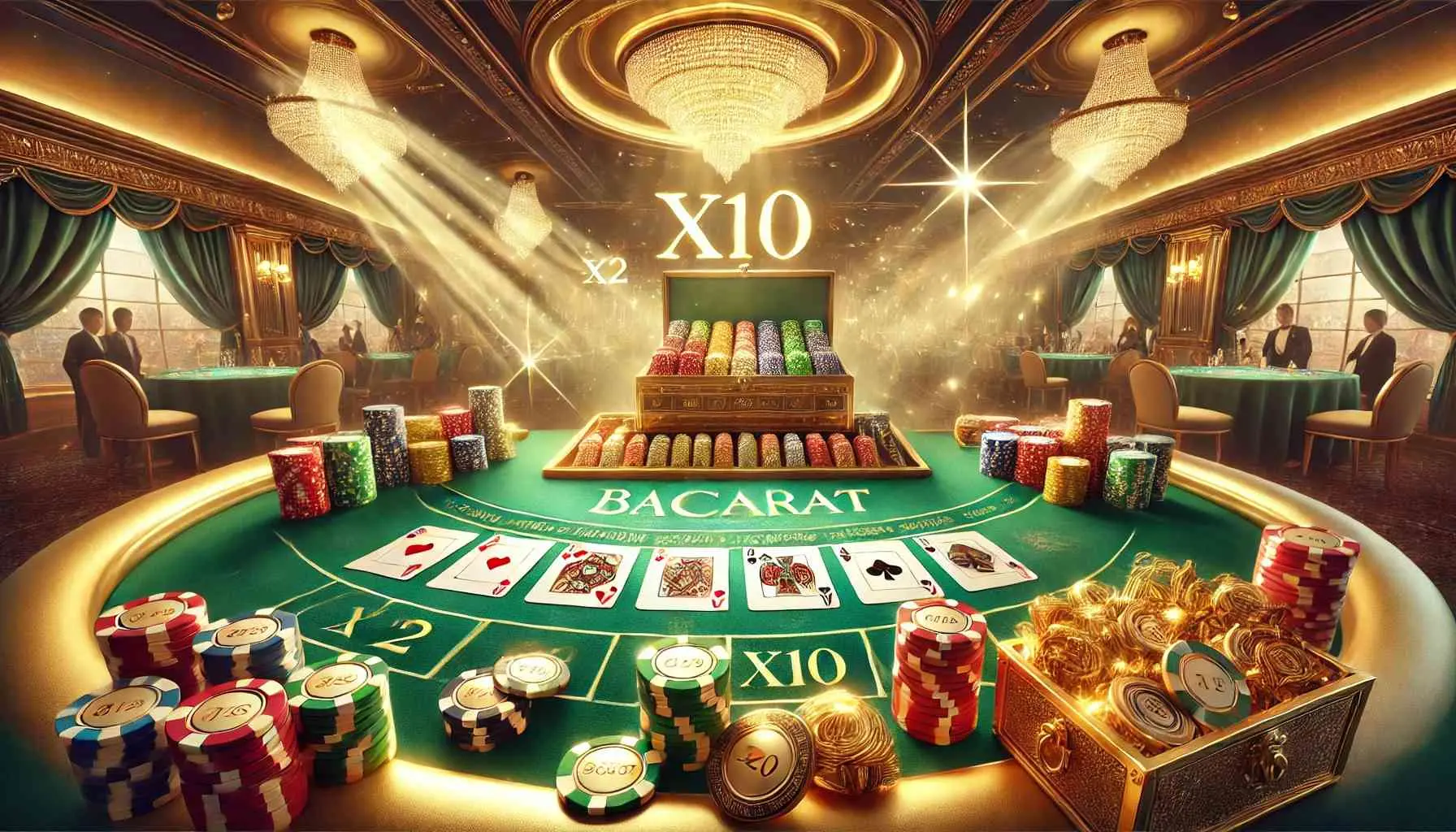 Luxurious Baccarat table with green felt, golden chips, and a treasure chest filled with coins, surrounded by glowing multipliers and elegant chandeliers in a refined casino setting.