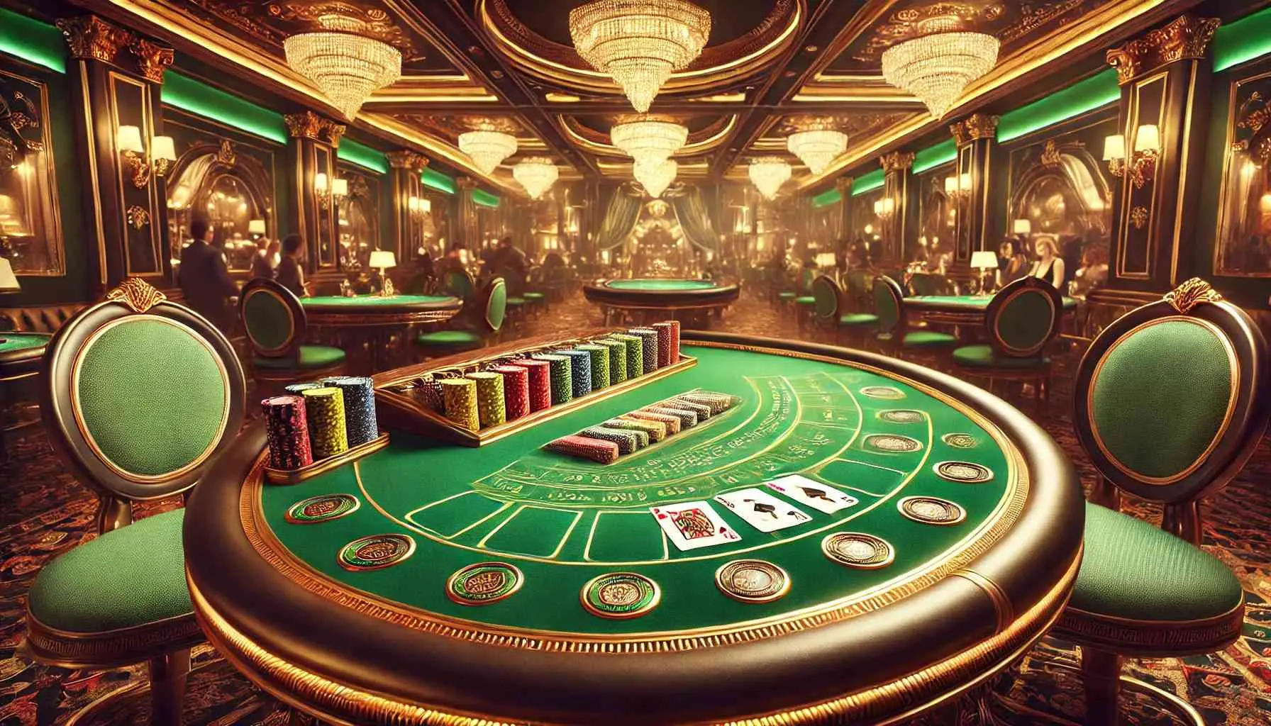 Luxurious Baccarat table with green felt, gold trims, and neatly arranged chips, set in an elegant casino with chandeliers and refined decor.