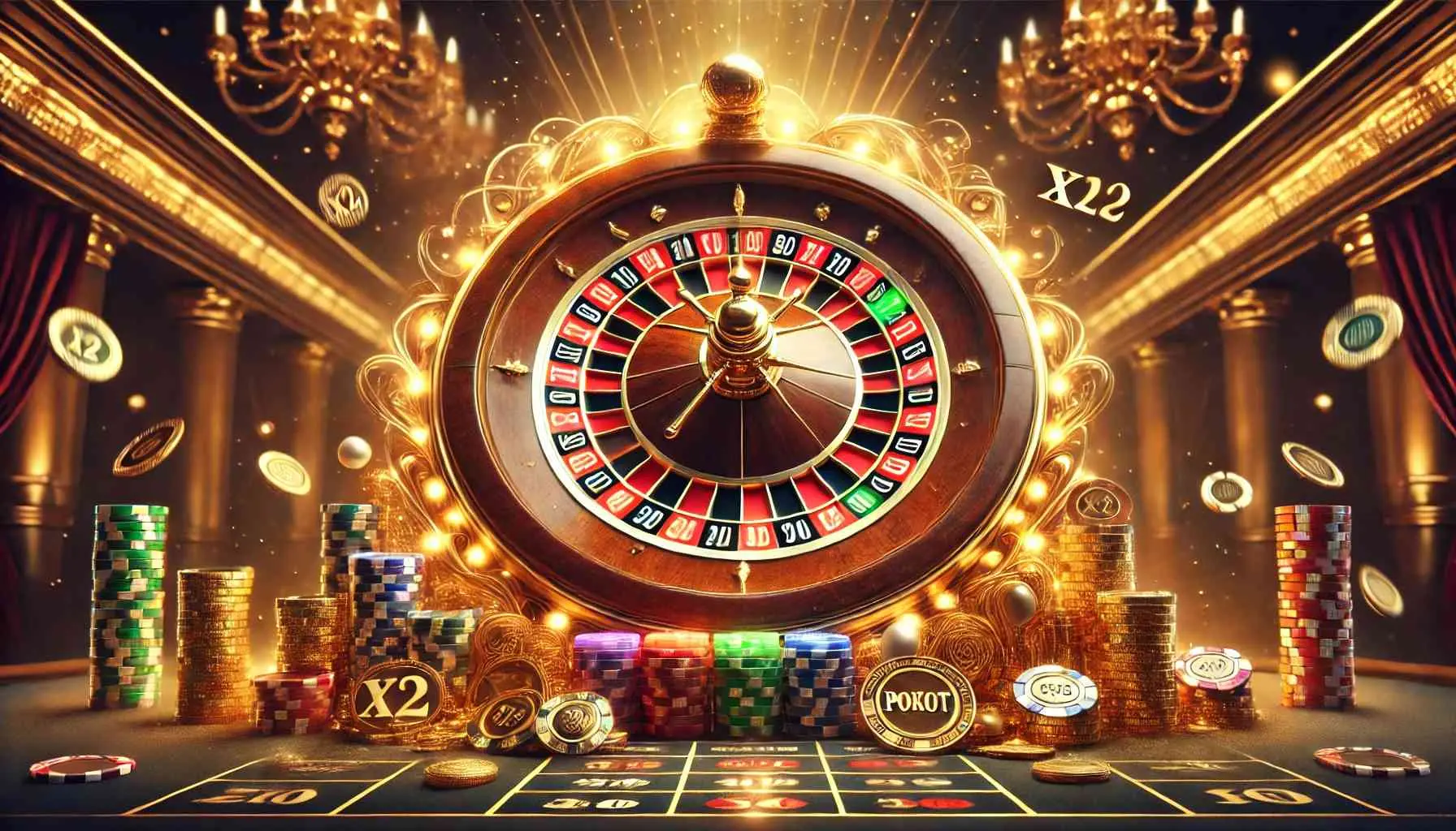 Luxurious digital illustration of a grand roulette wheel surrounded by glowing lights, colorful chips, and golden coins in an opulent casino setting.