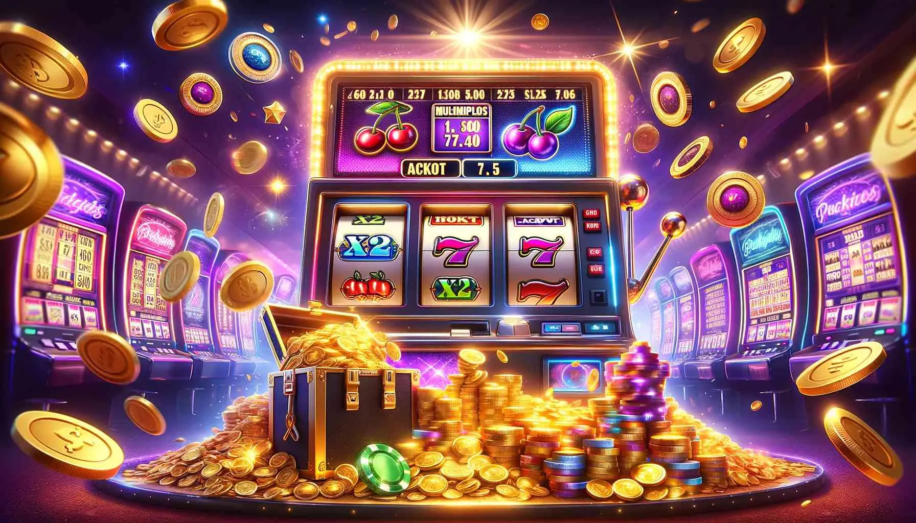 Dynamic digital illustration of a glowing slot machine surrounded by coins, colorful reels showing cherries and sevens, and a treasure chest overflowing with gold in a vibrant casino setting.