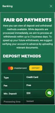 Fair Go Casino banking page listing deposit methods, withdrawal options, and processing times"