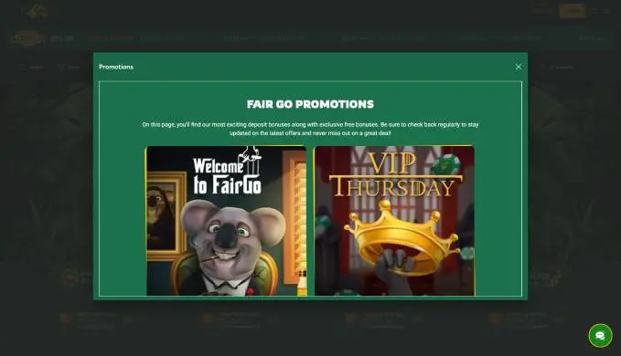 Fair Go Casino promotions page with latest bonus codes, free spins, and deposit offers