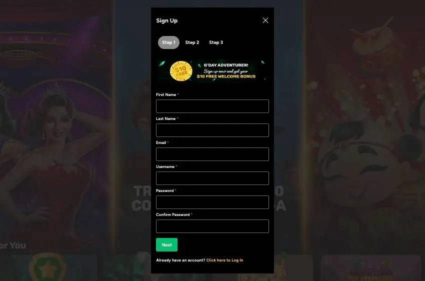 ozwin casino review image of sign up process