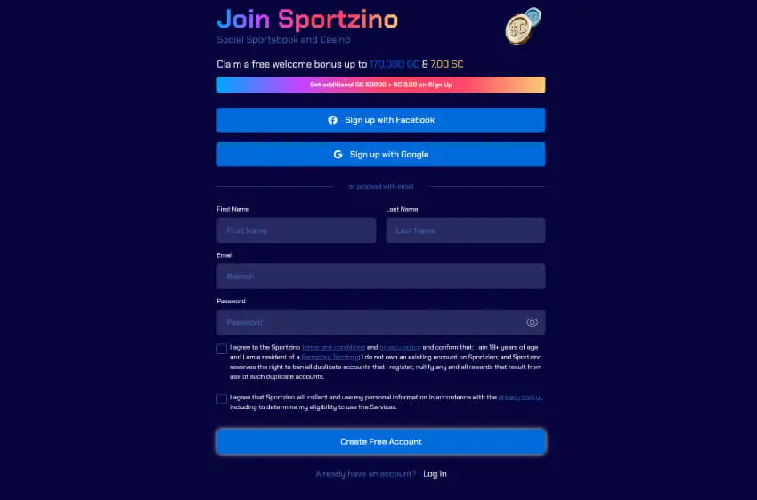 sportzino casino new player login