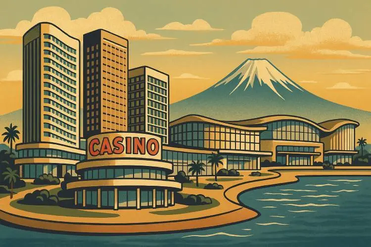 Retro-style travel poster illustration of MGM Osaka, Japan's first integrated casino resort, featuring Japanese trees, hotel towers, and a cultural island setting.