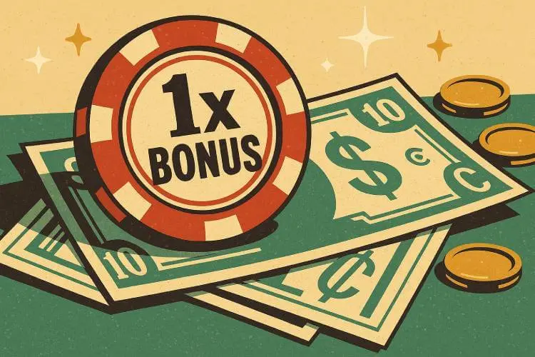 Mid-century modern illustration of a vintage-style casino bonus chip and cash, symbolizing low wagering casino offers.