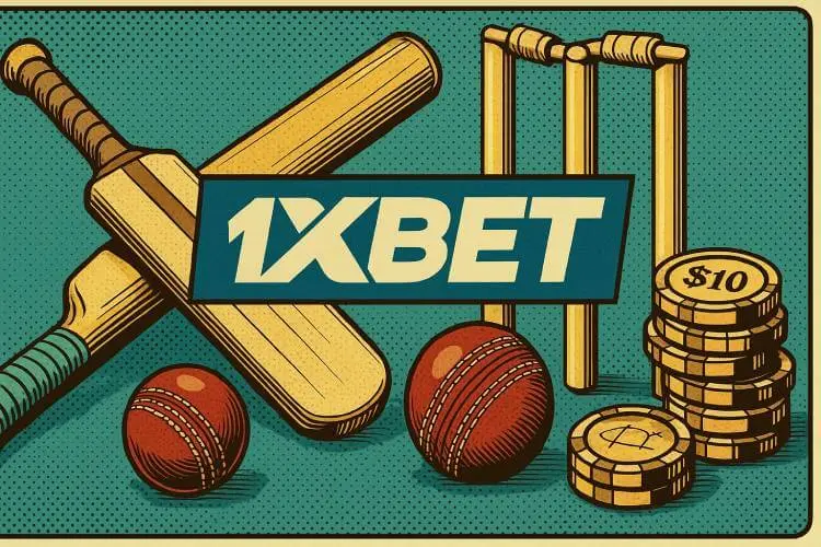 Retro-style illustration of a cricket bat, ball, wickets, 1xBet logo, and betting elements, inspired by mid-century modern design.