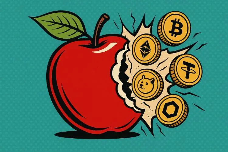 Retro pop art illustration of a bitten red apple with cryptocurrency coins like Bitcoin, Ethereum, Dogecoin, and Tether bursting out.