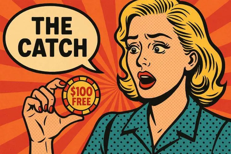 Retro-style comic illustration of a woman holding a $100 free casino chip, in a mid-century pop art style