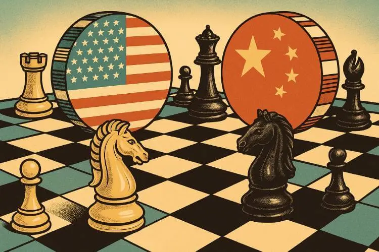 Retro-style illustration of a chessboard with oversized U.S. and Chinese-themed casino chips and two-toned chess pieces symbolizing strategic tensions.