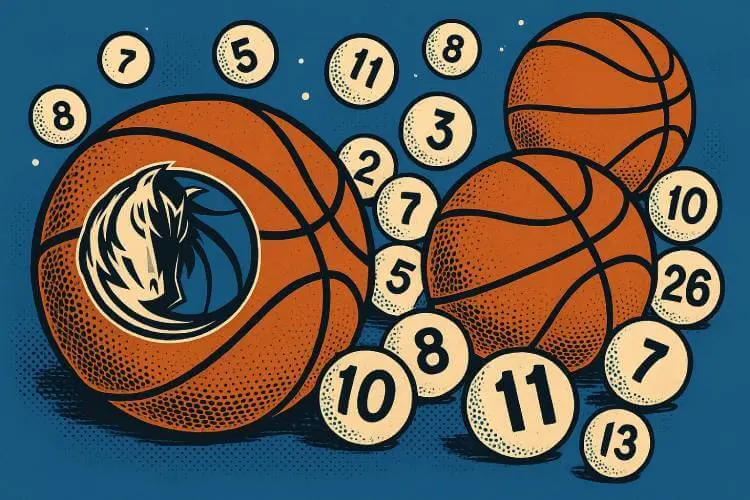 Retro pop art illustration of basketballs and lottery balls on a blue background, featuring a large Dallas Mavericks logo basketball.