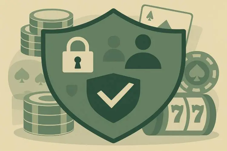 Illustration of a green shield symbolizing player protection, with icons of a padlock, user profile, and checkmark overlayed, surrounded by casino elements like chips, cards, and slot reels.