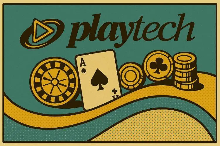 Illustration of the Playtech logo riding a stylized wave of innovation, surrounded by classic casino elements like chips, cards, and dice.