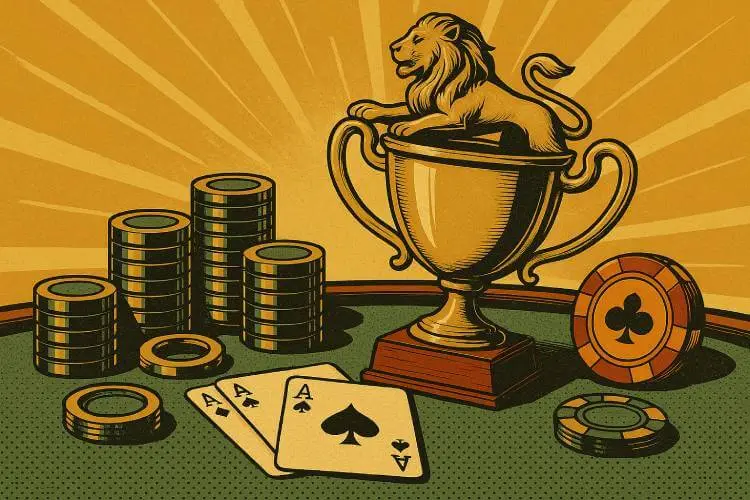 A vintage-style illustration of a poker trophy, casino chips, and playing cards on a green felt table, designed in a mid-century modern aesthetic.