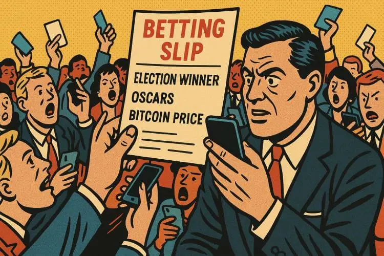 A retro comic-style crowd holding mobile phones and betting slips as they make bets on real -world events.
