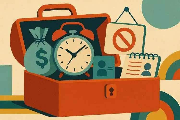 A mid-century modern-style illustration of a casino-themed toolkit containing symbolic items representing responsible gambling tools, including a clock for session limits, a piggy bank for deposit limits, a padlock for self-exclusion, and a document folder for access to account history.