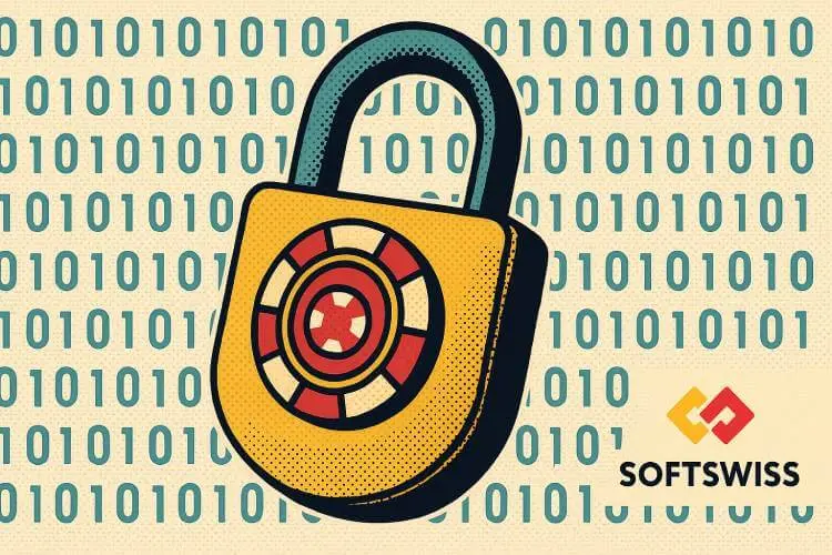 Retro-style illustration of a padlock with a casino chip design, symbolizing SoftSwiss Affilka's fraud detection tool, with binary code background.