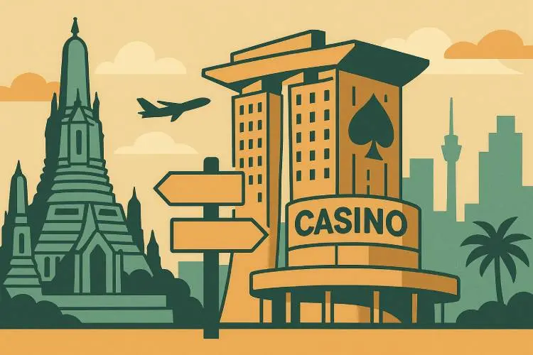 Illustration of a casino building next to a Thai temple with a plane flying overhead, symbolizing tourism and gambling regulation in Thailand.