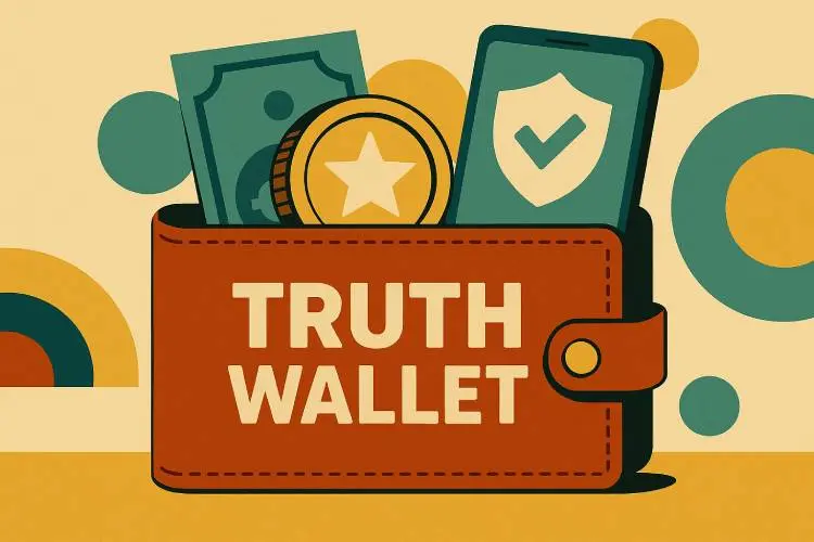 Mid-century modern illustration of a digital "Truth Wallet" containing a coin, banknote, and smartphone.