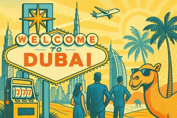 Retro-style illustration of Dubai with a "Welcome to Dubai" sign, Burj Khalifa, slot machine, palm trees, a camel in sunglasses, and stylish tourists, for a Vegas-style casino atmosphere.