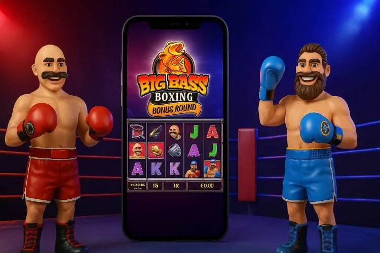 A smartphone displaying the Big Bass Boxing Bonus Round slot game, positioned in the center of a boxing ring under dramatic spotlights.