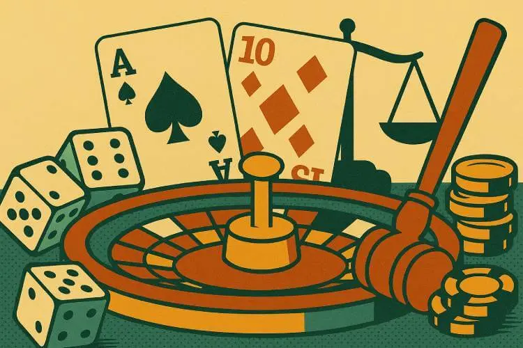 Illustration of a roulette wheel, dice, playing cards, a judge’s gavel, and scales of justice symbolizing legal action in the casino industry.