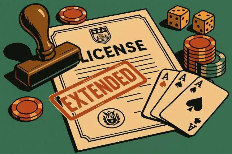 An illustration showing a government license stamped "Extended," surrounded by casino elements like poker chips, dice, and playing cards.