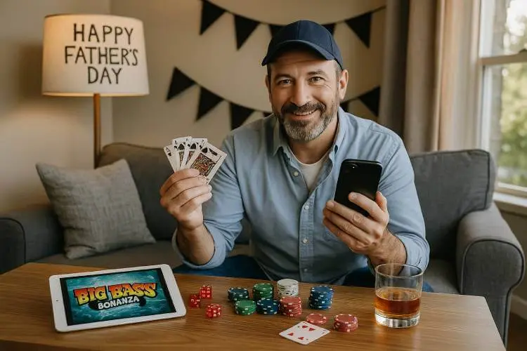 a dad enjoying playing online casino games on father's day.