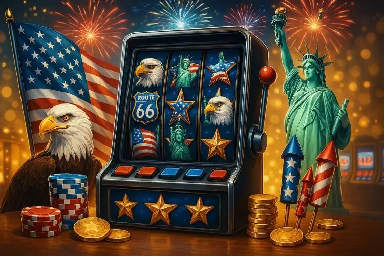 Photorealistic 4th of July-themed casino scene with slot machine, American flag, fireworks, Statue of Liberty, bald eagle, and poker chips.