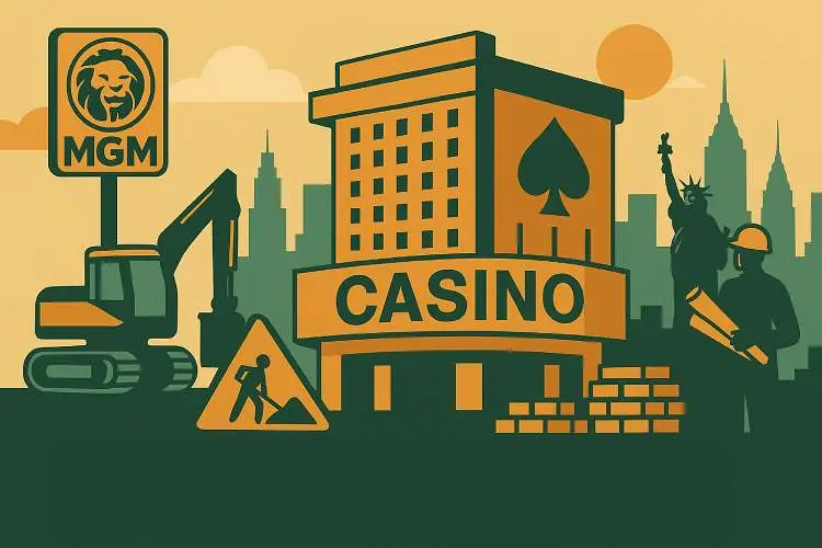 illustration of a modern casino under construction in Yonkers, New York, with cityscape in the background.