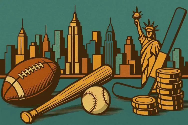 Illustration of New York City skyline with American football, hockey, and baseball equipment.