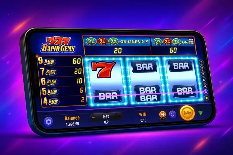 A smartphone displays the Rapid Gems 777 slot game by TaDa Gaming