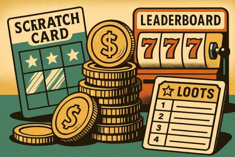 An illustration of an online sweepstakes casino featuring virtual coins, scratchcards, slot machines, and a leaderboard on a stylized game board