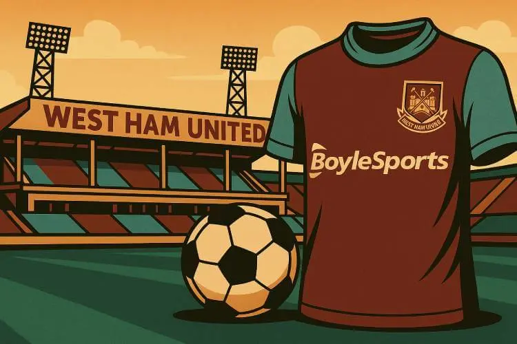An illustration showing a classic football stadium in maroon and blue hues, symbolizing West Ham United. A football shirt with the BoyleSports logo is prominently featured in the foreground.