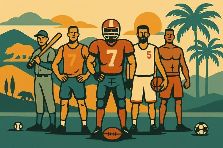 An illustration of five fantasy sports athletes standing confidently with California landmarks in the background, including palm trees and the Capitol dome, symbolizing the legal battle over daily fantasy sports in the state.