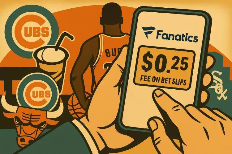 A retro-style illustration of a hand holding a phone showing a $0.25 Fanatics betting fee, with iconic Illinois sports imagery in the background.