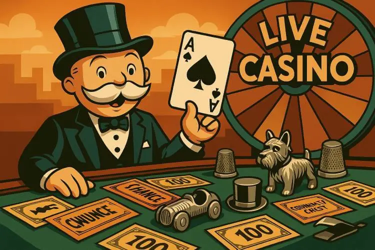 Illustration of Mr. Monopoly standing in a live casino setting with Monopoly tokens, cards, and game money, marking Evolution’s Hasbro partnership.