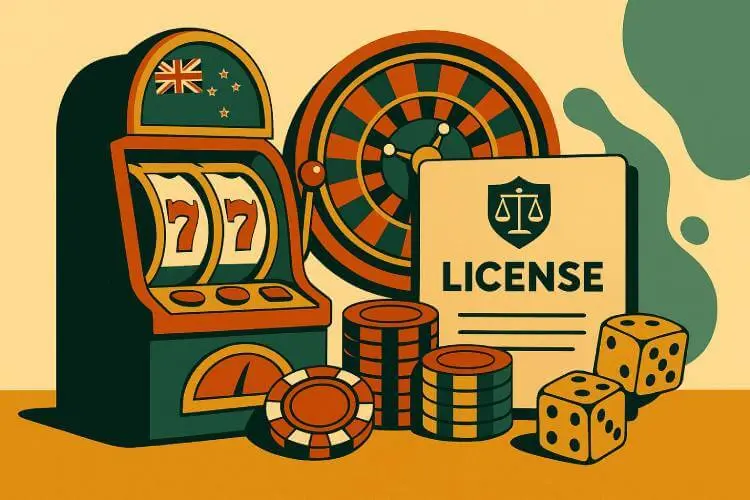 An illustration of a laptop, roulette wheel, slot machine, coins, and a New Zealand map, symbolizing the country's move to regulate online gambling
