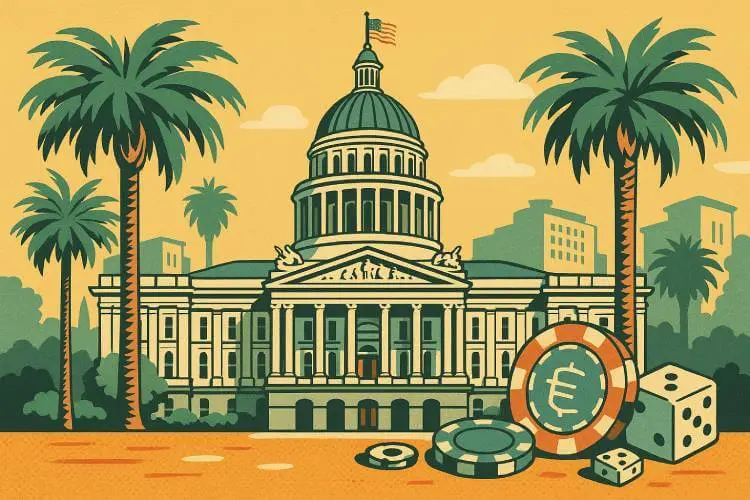 Illustration of the California State Capitol with palm trees and casino elements like chips and dice in the foreground