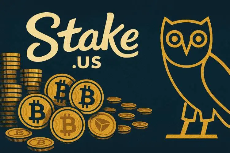 An illustration representing Drake gambling lawsuit, featuring the Stake.us logo, drakes owl logo and a pile of Bitcoin and gold coins on the other, representing crypto-based sweepstakes gambling.