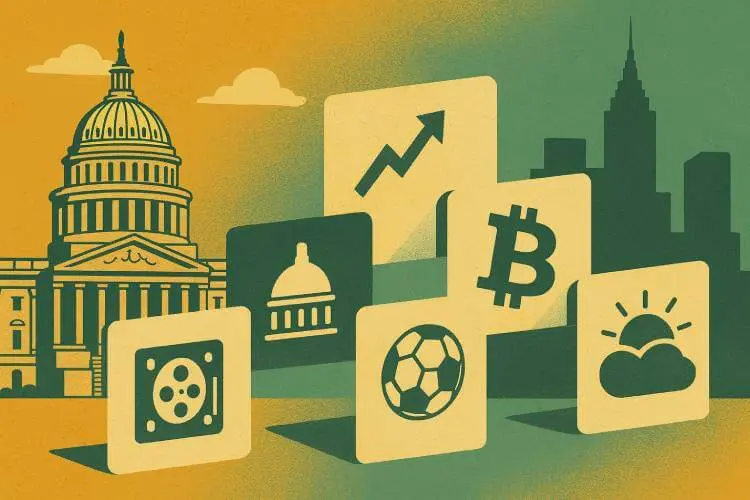 Illustration showing icons for politics, finance, sports, crypto, and weather over New York and Capitol skylines, symbolizing the Kalshi New York lawsuit over prediction market regulation.