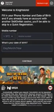 Knightslots Casino registration screenshot